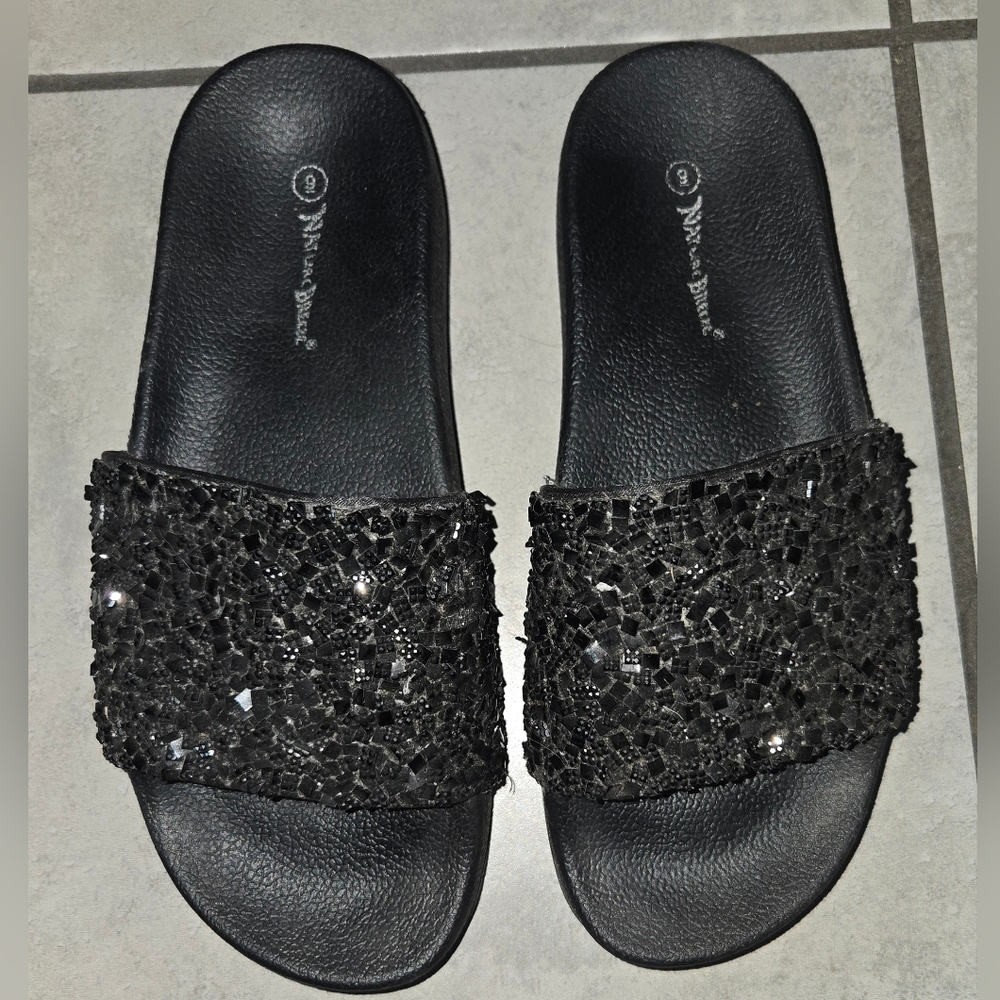 Black Sequin Platform Slide Sandals